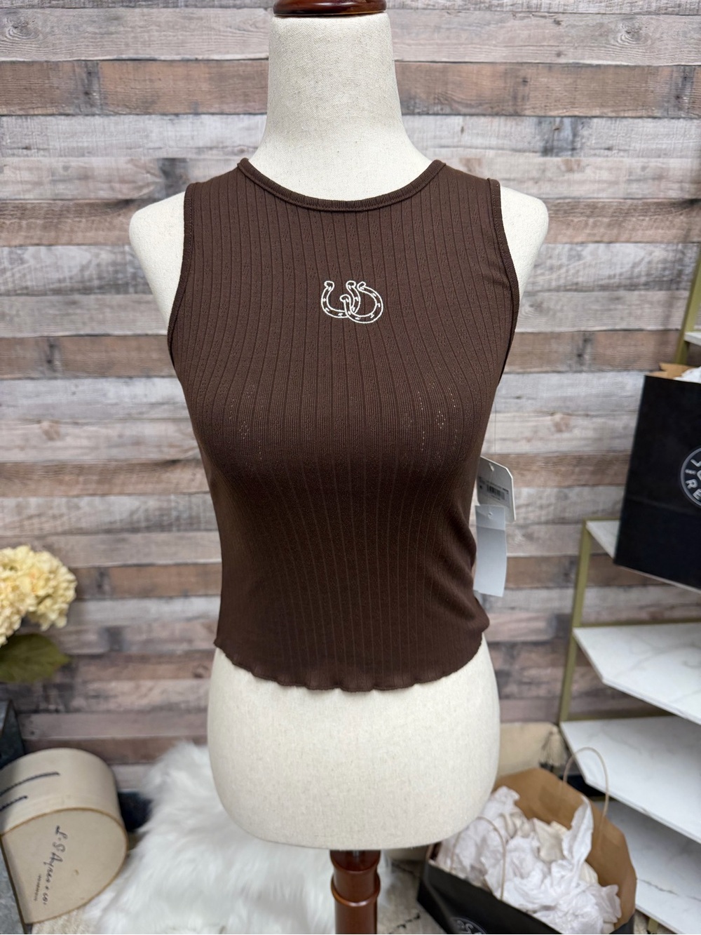 NWT Altar’d State Brown Ribbed Tank w/Horseshoes XS
